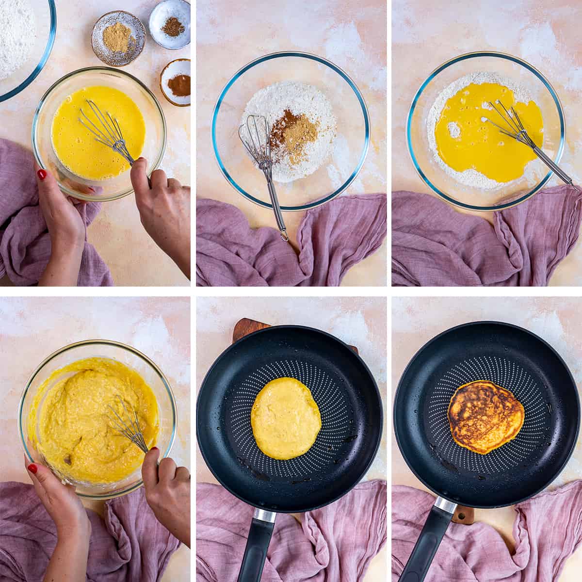 A collage of pictures showing how to make pumpkin pancakes from pancake mix.