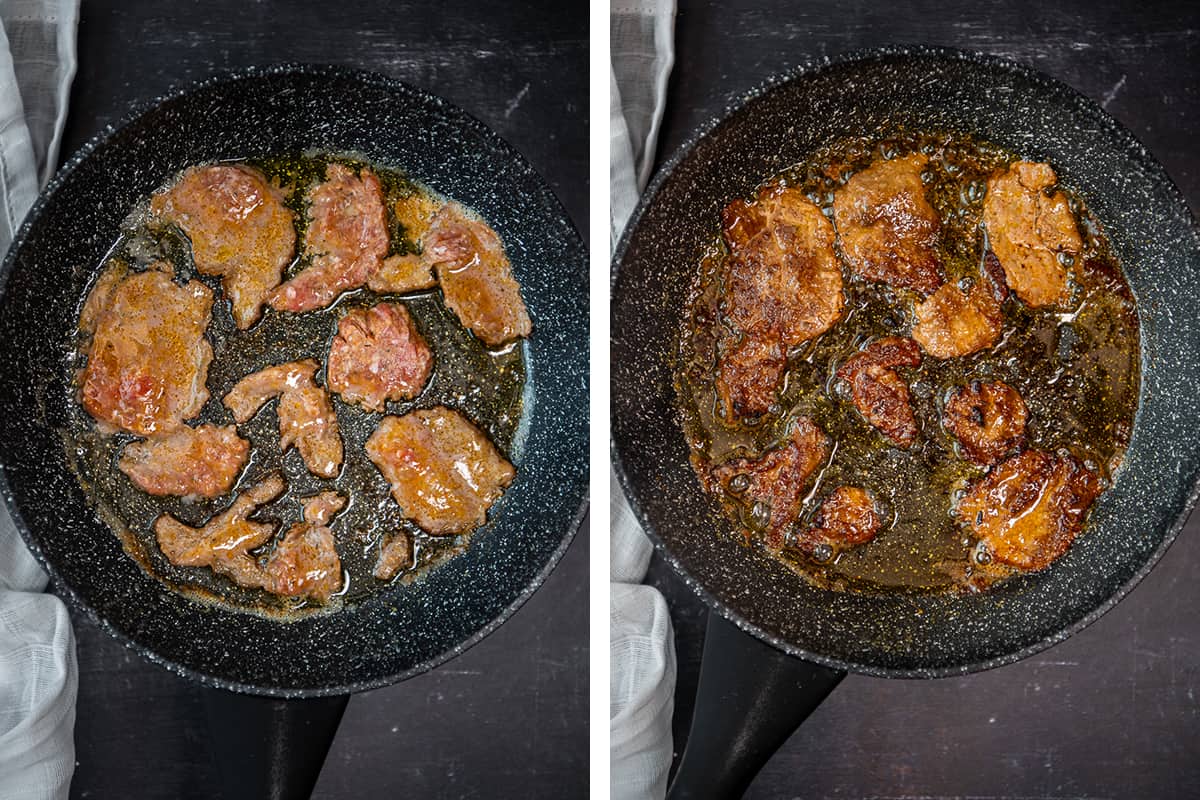 A collage of two pictures showing doner meat slices being cooked in a pan.