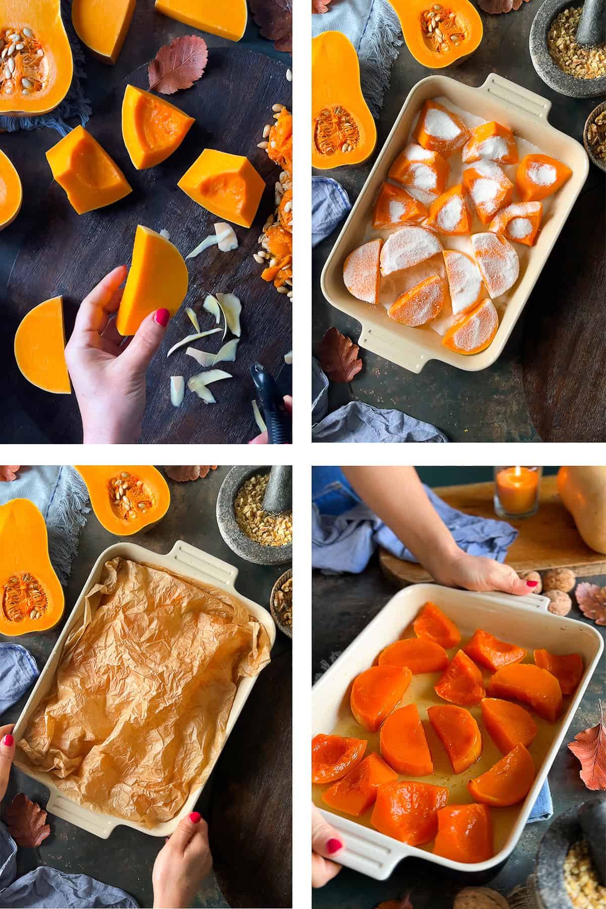 Step-by-step process of making Turkish Pumpkin Dessert (Kabak Tatlısı): peeling and cutting the pumpkin, coating slices with sugar, covering the baking dish with parchment paper, and baked pumpkin pieces ready in syrup.