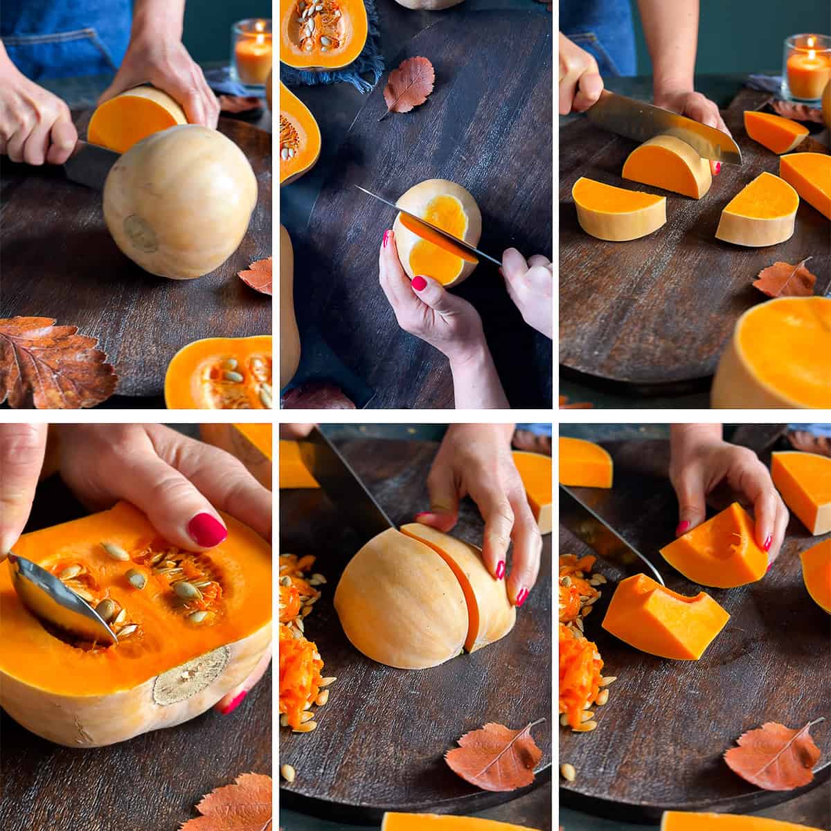 Step-by-step images showing how to cut a butternut squash for Turkish Pumpkin Dessert (Kabak Tatlısı): slicing the squash, removing the seeds, and cutting it into thick pieces on a wooden board.