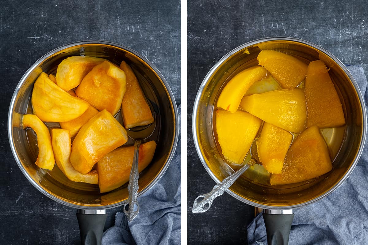 A collage of two pictures showing pumpkin slices and syrup in a pot before and after being cooked.