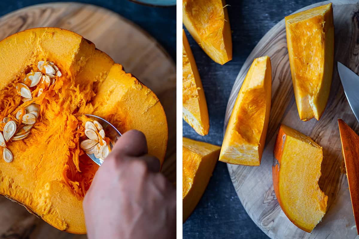A collage of two pictures showing how to clean and cut a pumpkin.