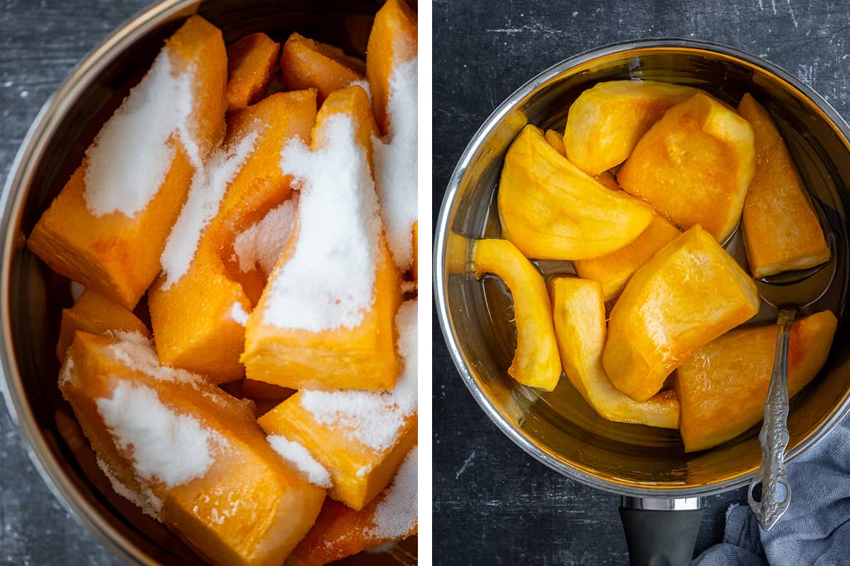 A collage of two pictures showing pumpkin slices and sugar in a pot and pumpkin slices with their juice in a pot.