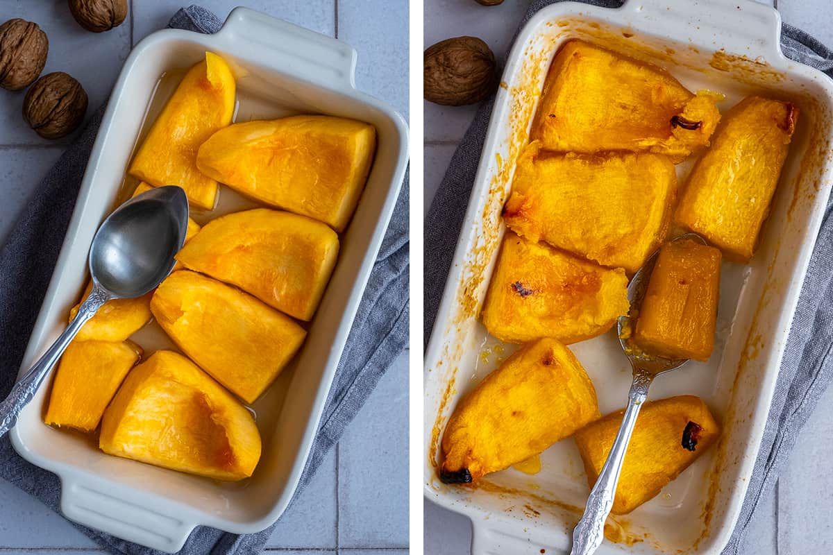 A collage of two pictures showing pumpkin slices in a baking pan before and after they are baked.