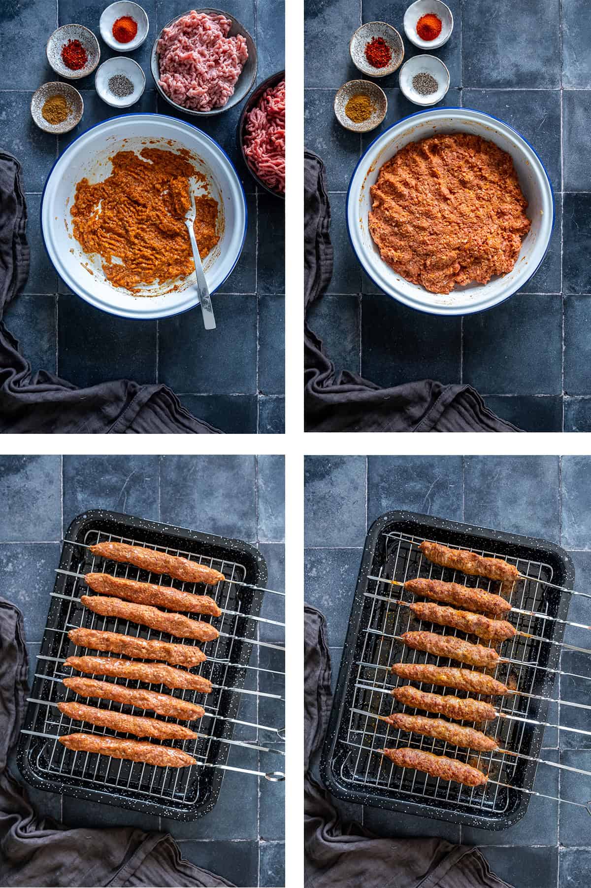 Four-step collage showing how to make Turkish şiş köfte: preparing the bread and spice mixture, mixing in ground beef and lamb, shaping the meat onto skewers, and cooking until browned.