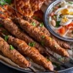 Turkish şiş köfte (meatball skewers) served on a platter with pide bread, white bean salad topped with boiled eggs, and fresh parsley.
