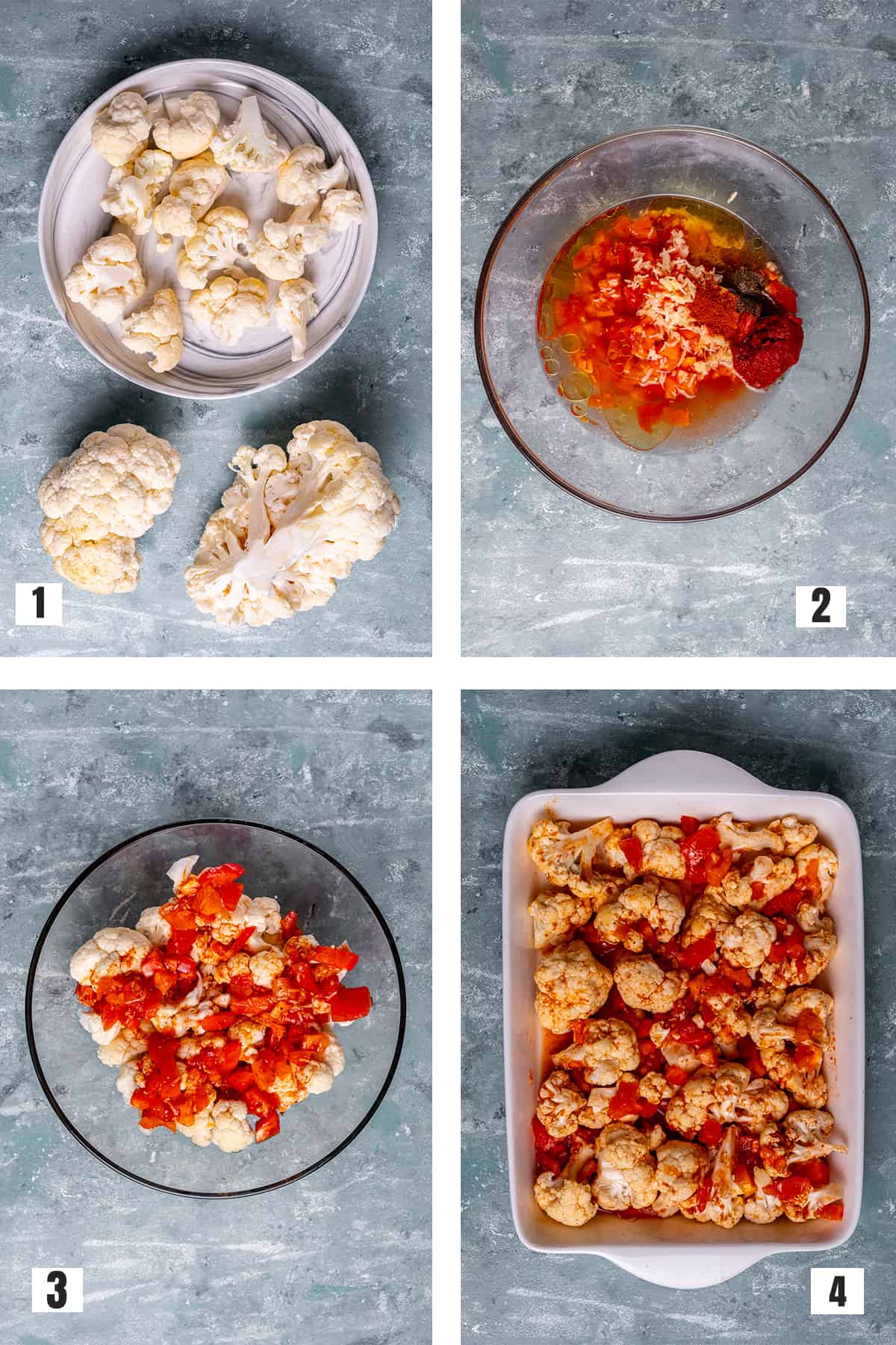 A collage of four pictures showing the steps of baked cauliflower casserole with a tomato sauce.