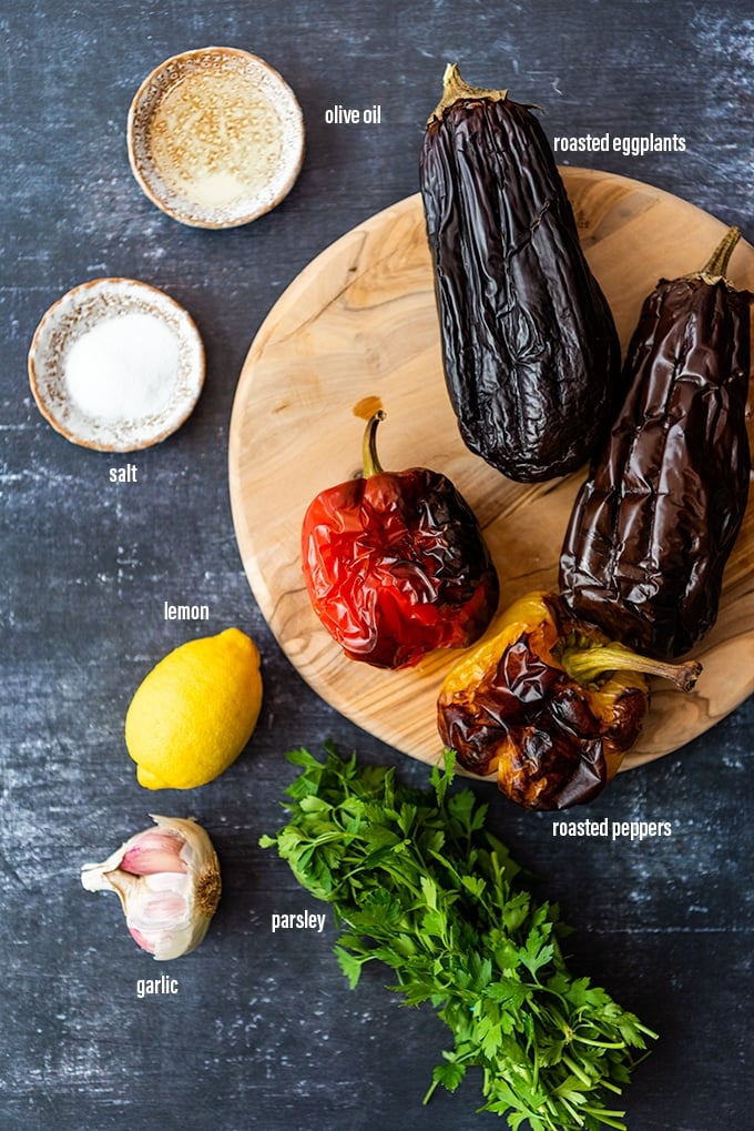baba ganoush recipe ingredients on a dark background