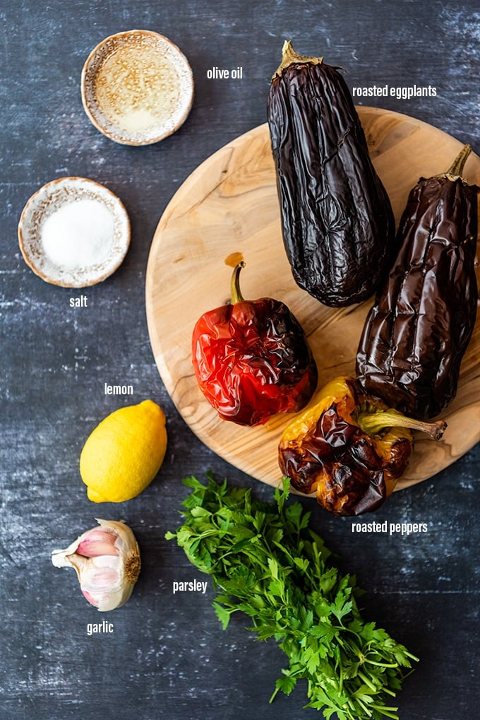 baba ganoush  recipe ingredients on a dark background