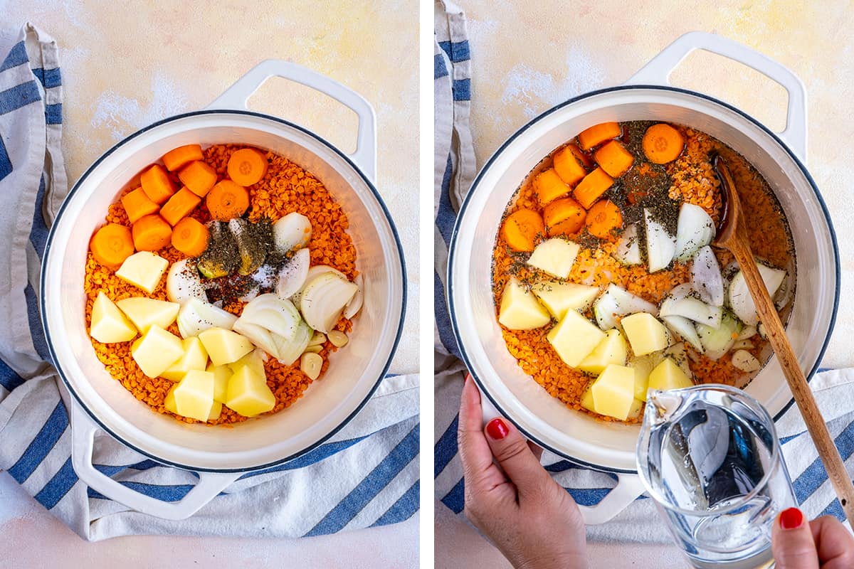 Two pictures showing how to make lentil soup in a large pot.
