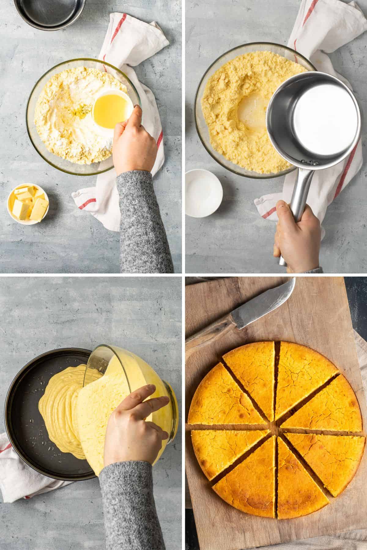 Step by step making Turkish cornbread batter and baking.