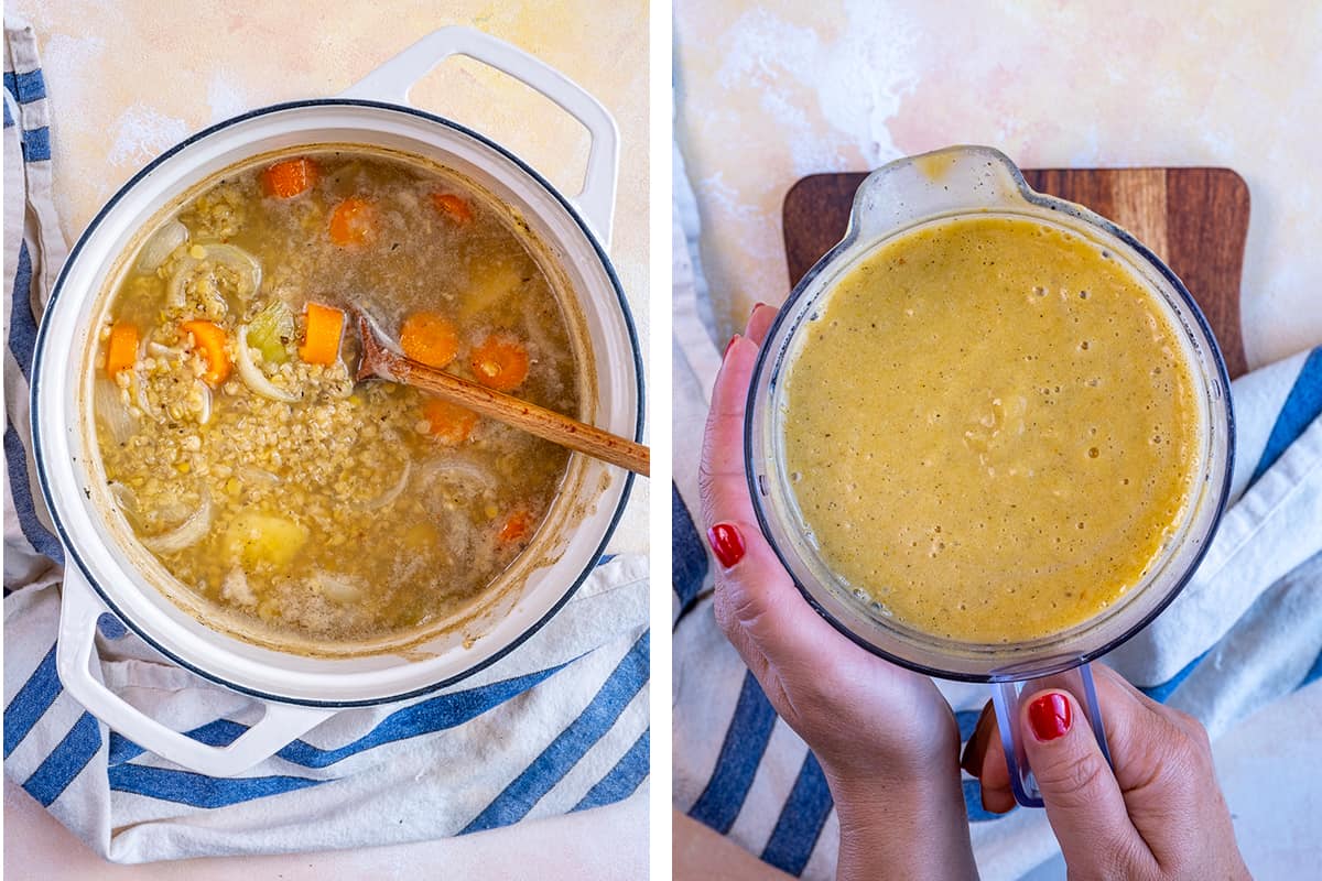 A collage of two pictures showing how to blend lentil soup.