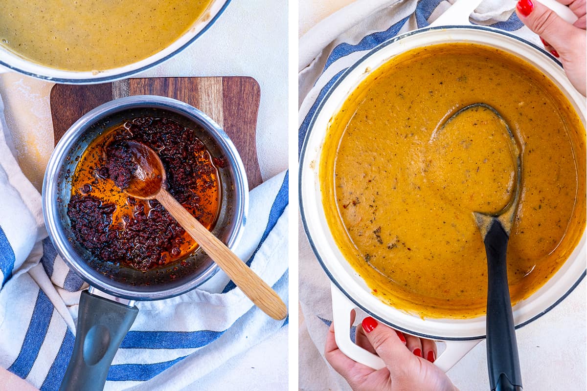 A collage of two pictures showing a spiced oil sauce in a pan and a pot of soup mixed with sauce.