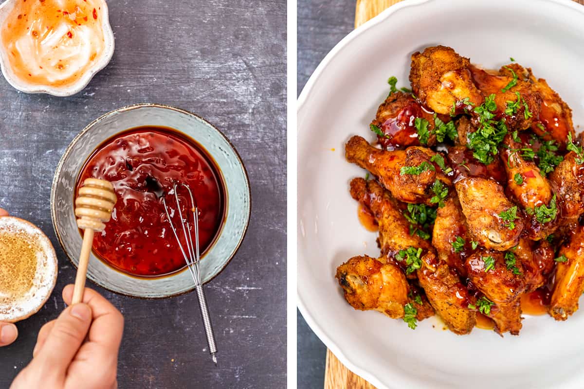 A collage of two pictures showing hot buffalo sauce and chicken wings coated with this sauce.