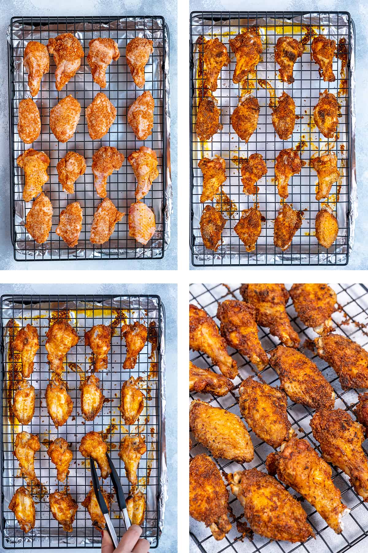 A collage of four pictures showing how to bake chicken wings on a baking rack.
