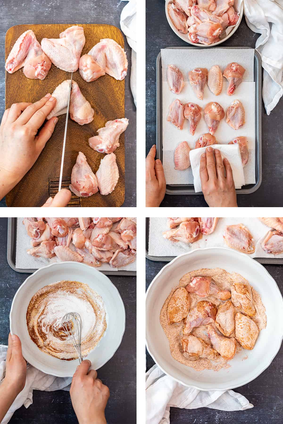 A collage of four pictures showing how to cut and dry chicken wings and coat them with a spice mixture.