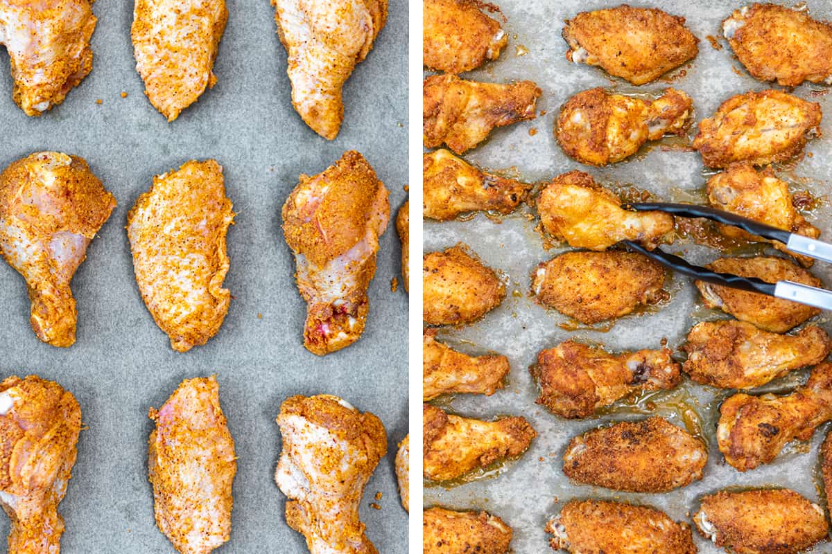 A collage of two pictures showing chicken wings on a baking sheet before and after they are baked.