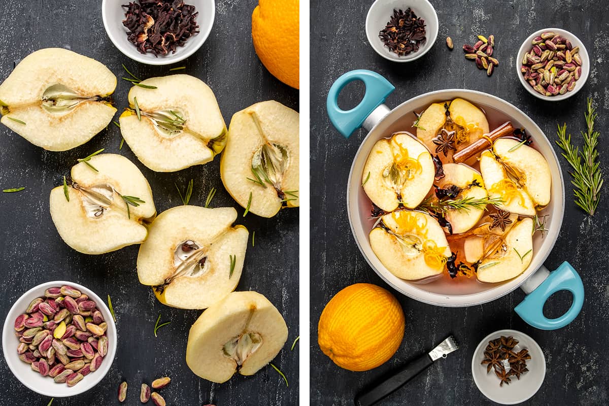A collage of two pictures showing quince halves on a dark background and in a pot with other flavorings like cinnamon sticks, star anise, orange zest and rosemary.