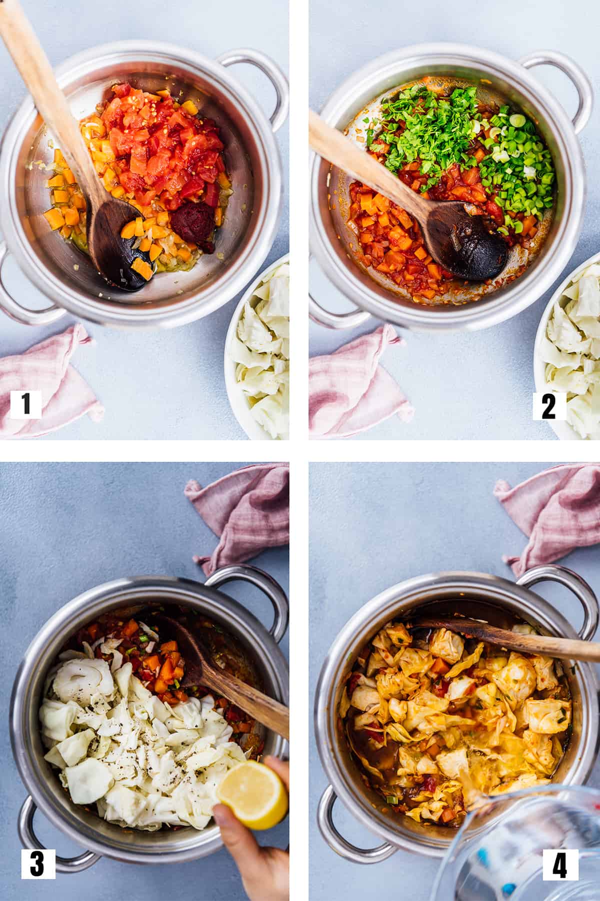 A collage of four pictures showing how to make simple cabbage soup.