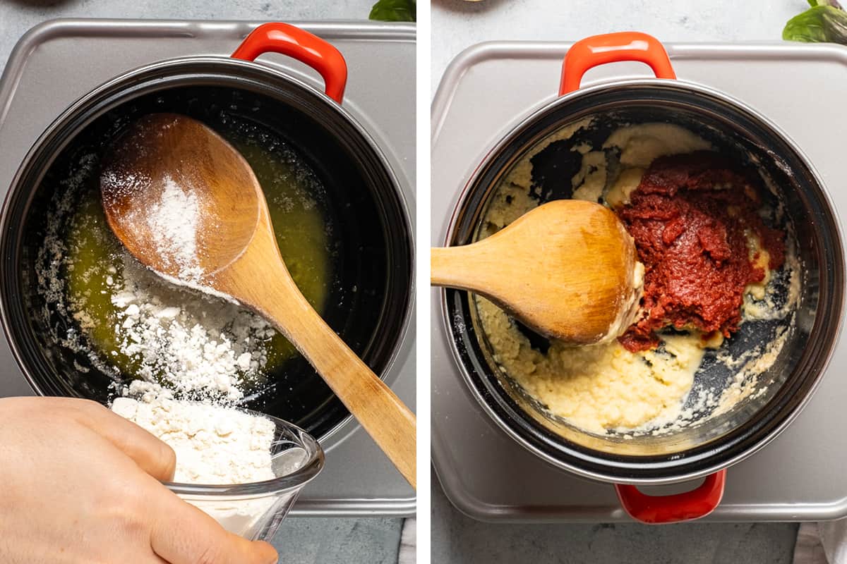 A collage of two pictures showing how to make the roux in a pan and how to add tomato paste.