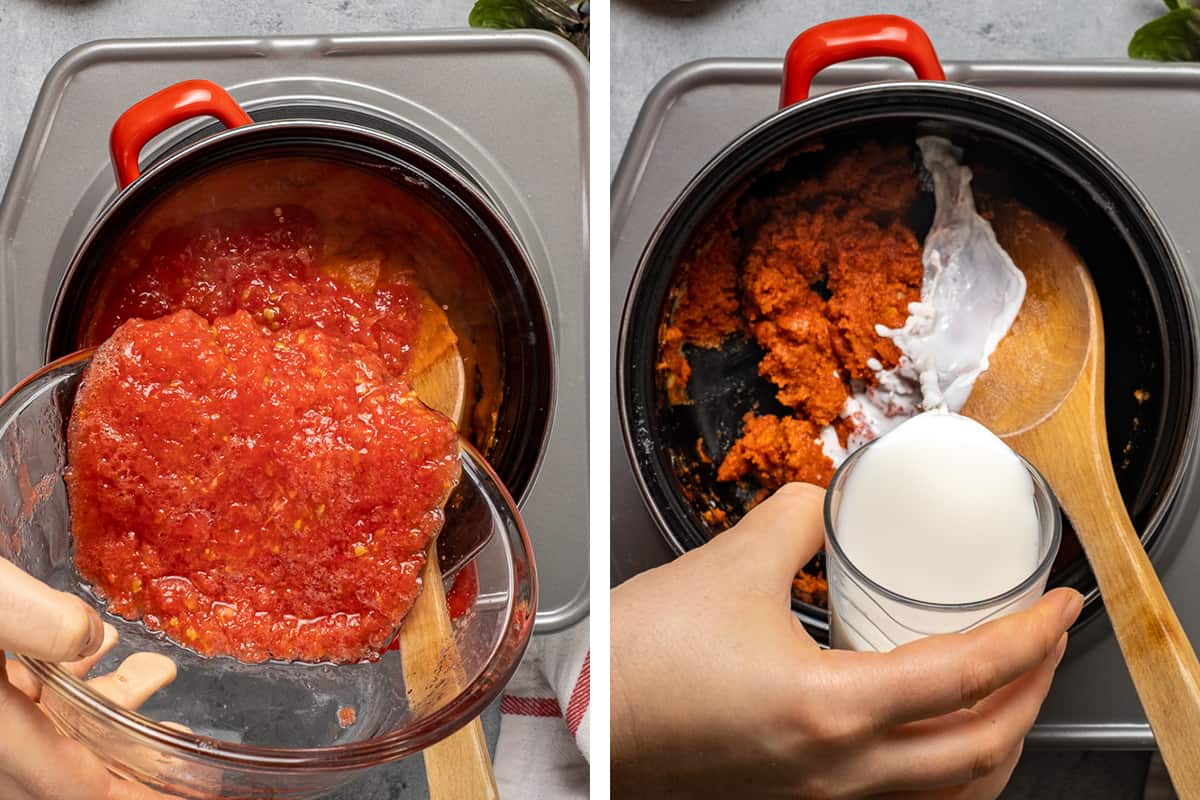 A collage of two pictures showing mashed tomatoes being added in the pan and the milk being poured into it.