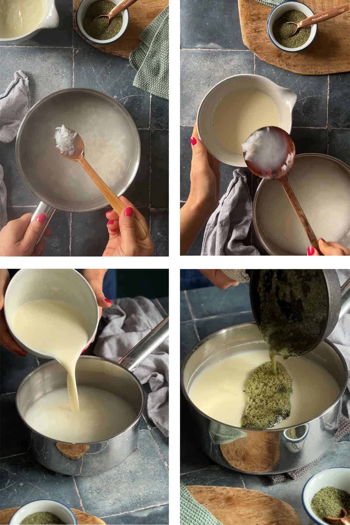 Step-by-step photos showing how to make Turkish Yogurt Soup (Yayla Çorbası): cooking rice, tempering the yogurt mixture, combining it with rice, and adding the butter-mint sauce.