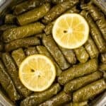 Stuffed grape leaves (yaprak sarma) neatly arranged in a pot, topped with fresh lemon slices, showing glossy olive oil-coated rolls ready to serve.
