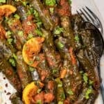 Stuffed grape leaves (yaprak sarma) served on a plate with lemon slices, topped with a rich tomato-based sauce and sprinkled with fresh herbs, with a fork on the side.