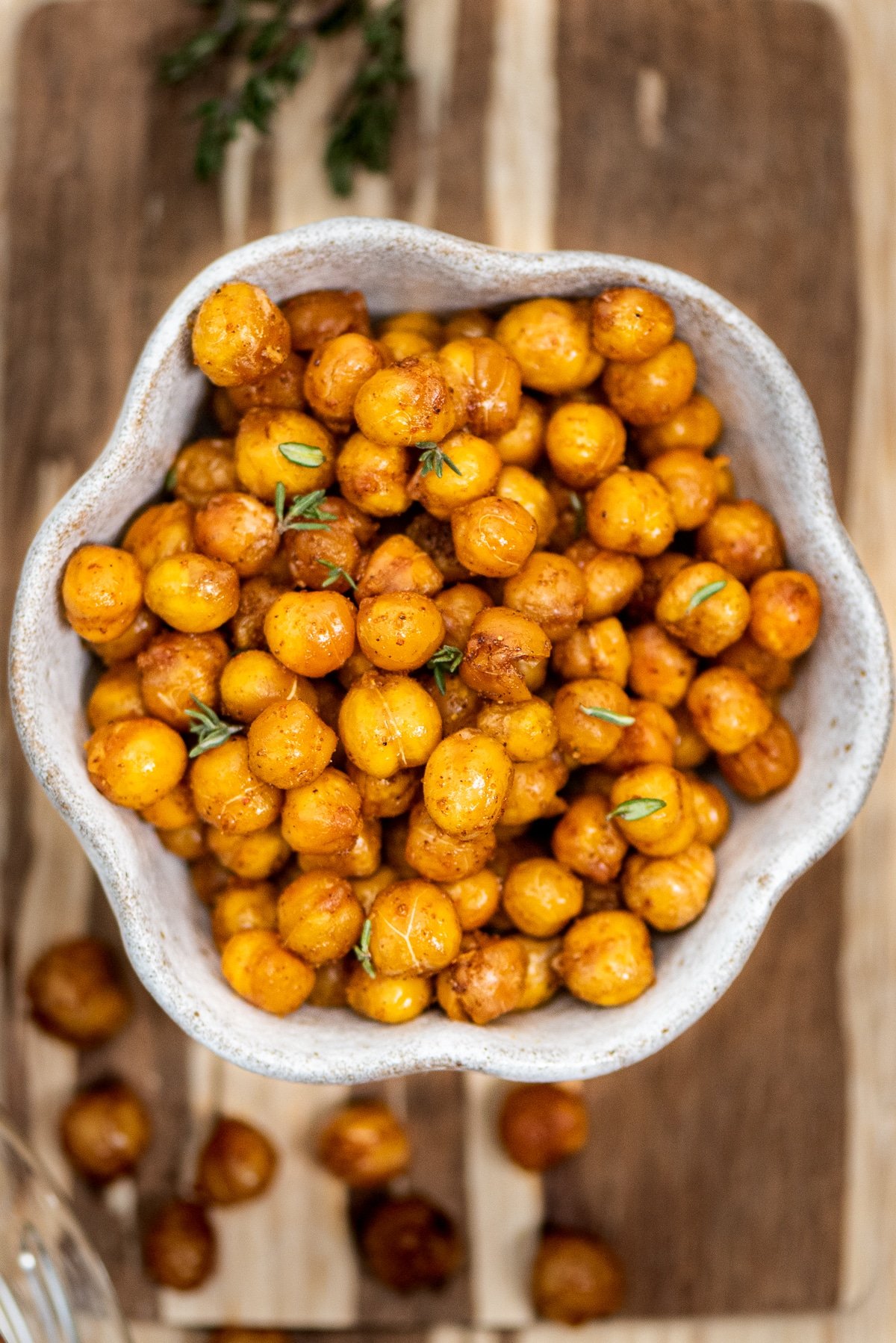 Spicy roasted chickpeas in a white bowl.