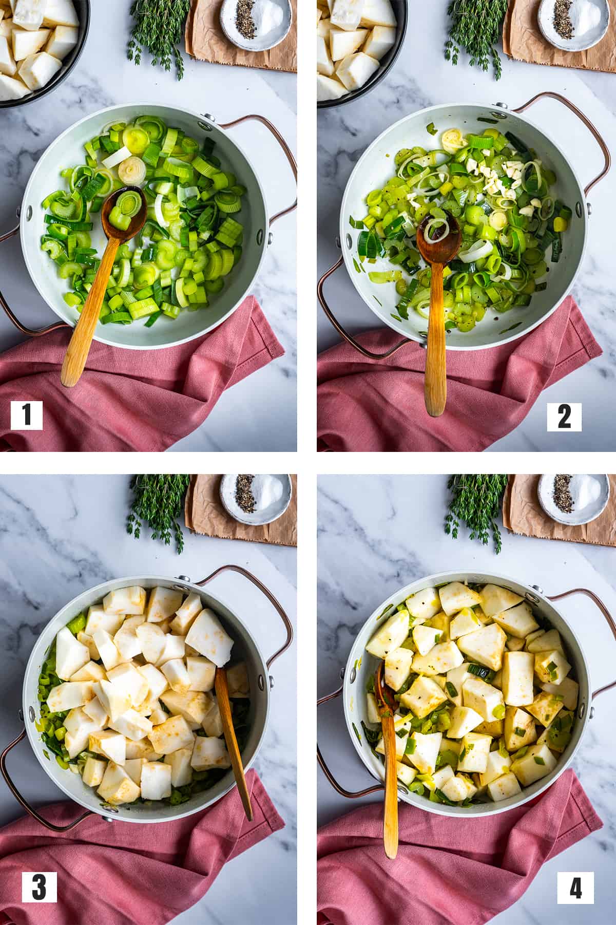 A collage of four pictures showing how to cook chopped leek, celery stalks and celeriac in a pot.