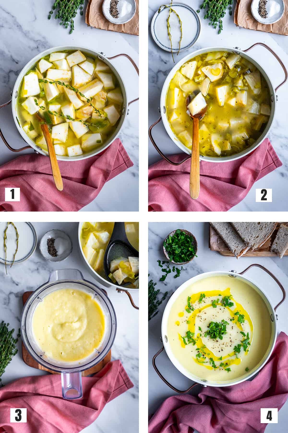 A collage of four pictures showing how to cook celeriac soup.