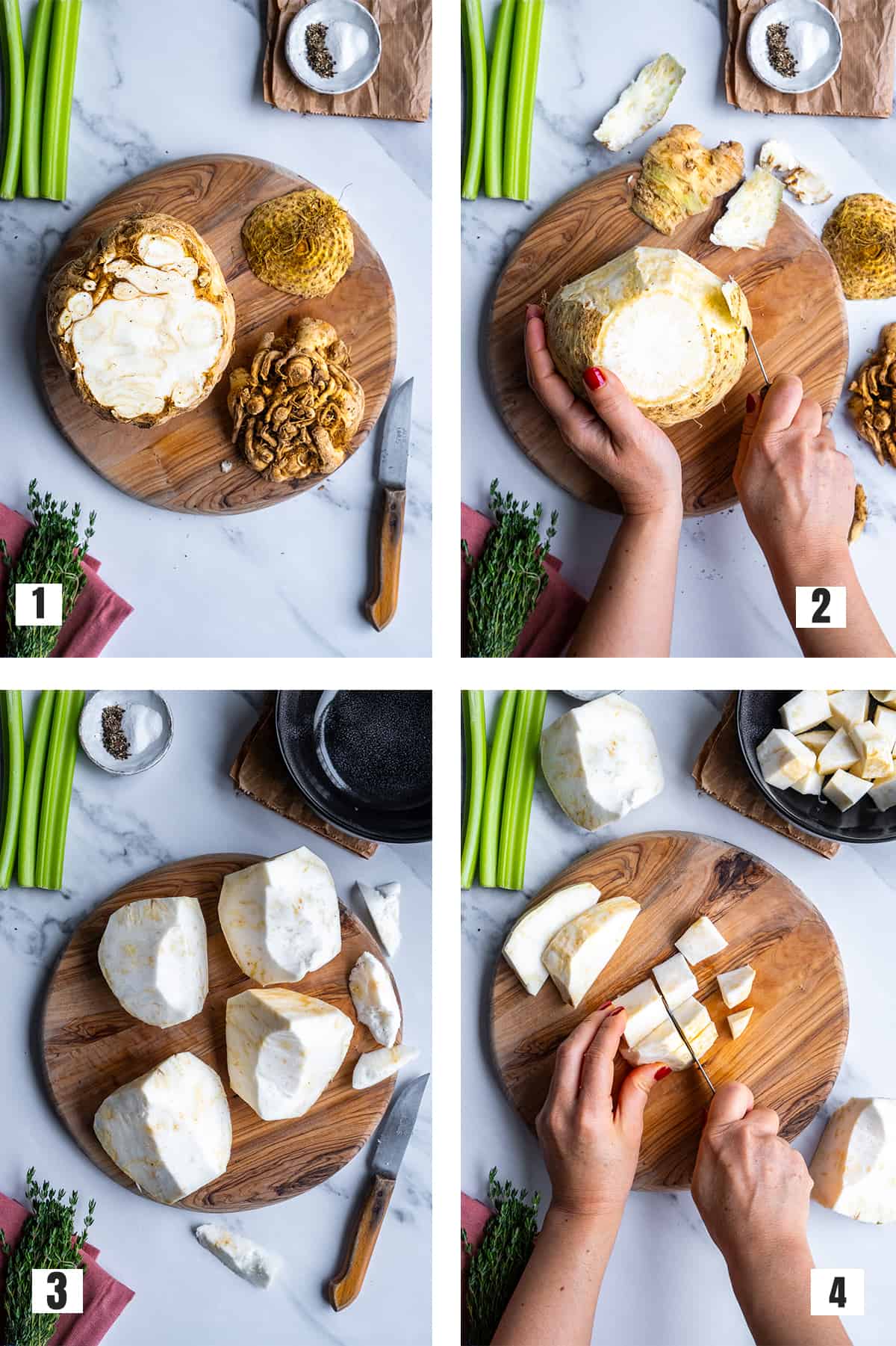 A collage of four pictures showing how to peel and chop celery root.