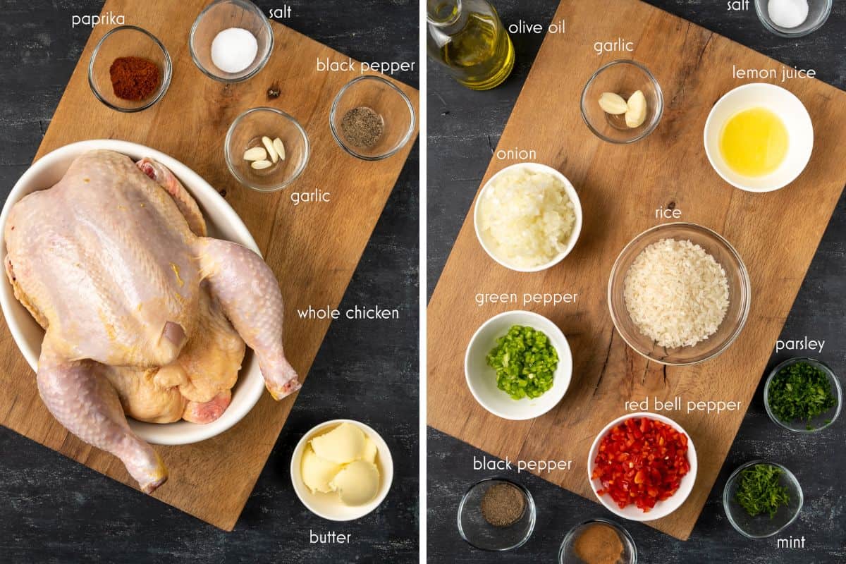 Ingredients for rice stuffed whole chicken including whole chicken, rice, onion, peppers, garlic, herbs, and spices arranged on boards.
