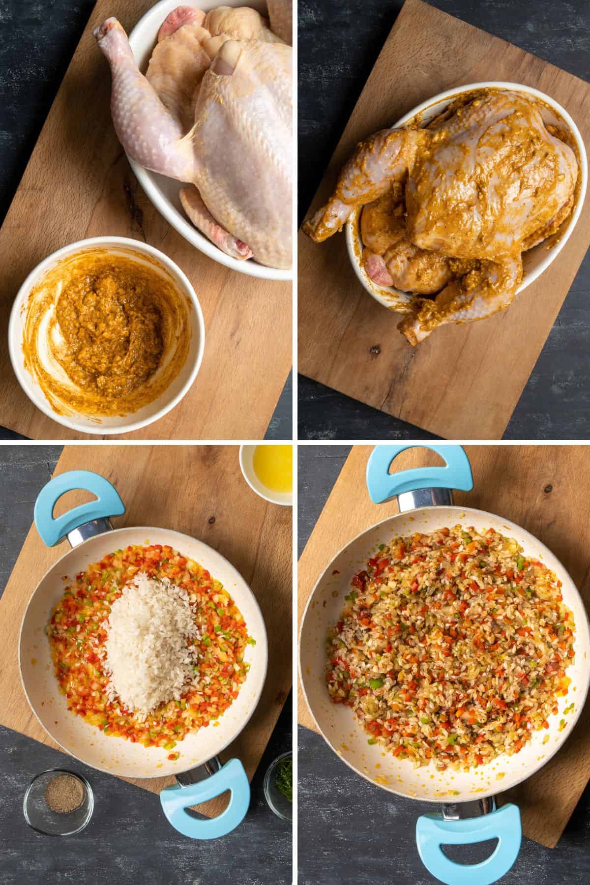 Steps showing marinade spread on whole chicken and rice filling cooked with vegetables in a pan.