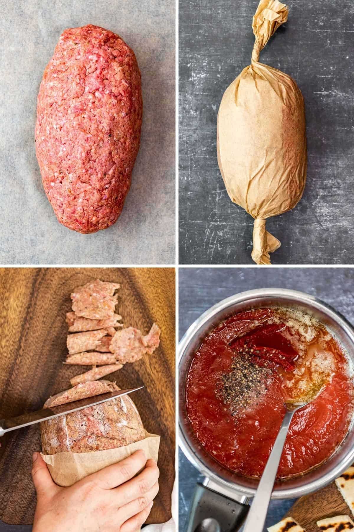 Step-by-step preparation of iskender kebab: ground beef shaped into a log, wrapped in baking paper, thinly sliced, and tomato sauce being cooked with butter and spices in a pan.