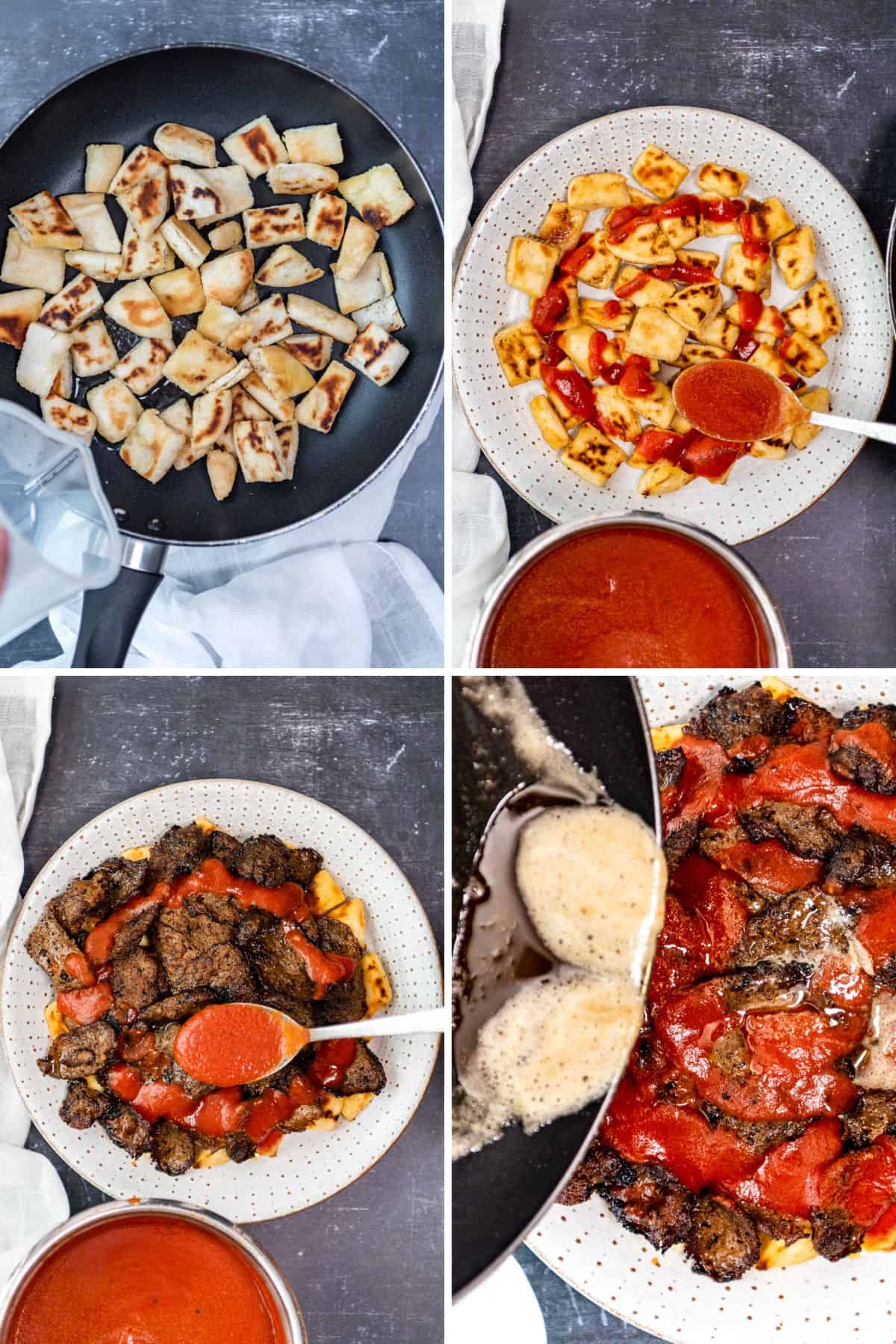 Step-by-step assembly of iskender kebab: toasted bread pieces in a pan, plated bread topped with tomato sauce, cooked sliced beef added on top, and melted butter poured over the dish.