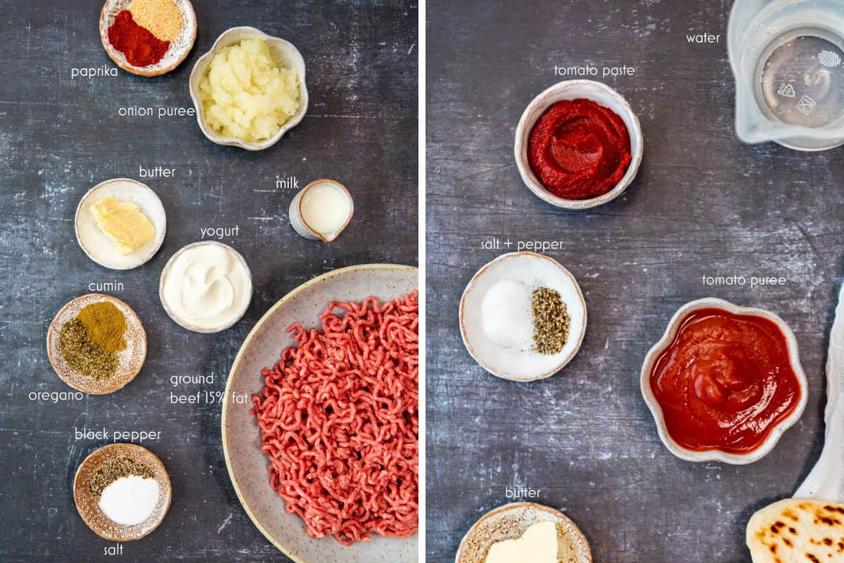 Overhead view of ingredients for Turkish iskender kebab: ground beef, onion puree, yogurt, butter, milk, paprika, cumin, oregano, salt, black pepper, tomato paste, tomato puree, and water, arranged in small bowls.