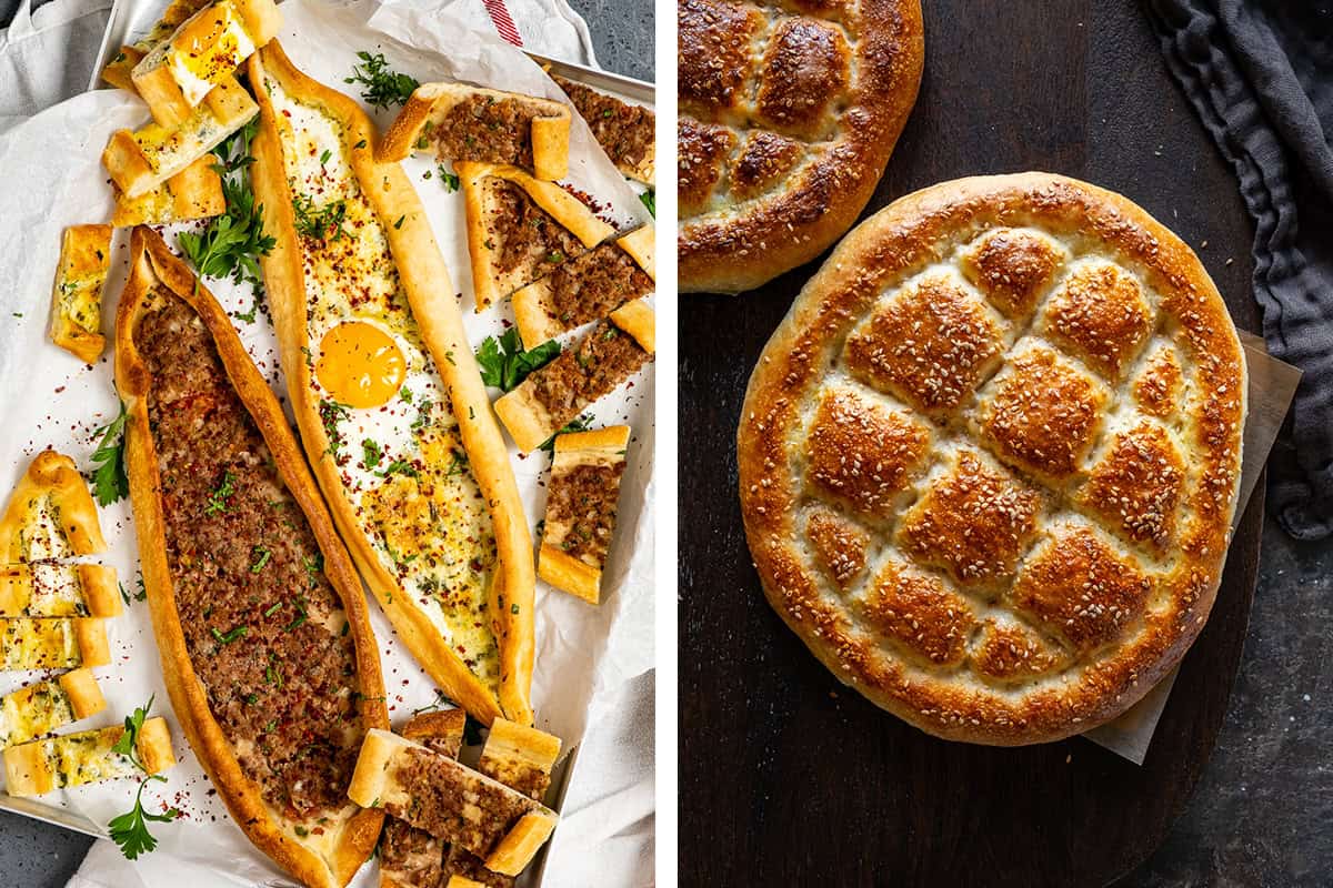 A side-by-side comparison of Turkish Pide (boat-shaped stuffed flatbread) and Turkish Pide Bread (round, soft bread with a sesame-topped crust).