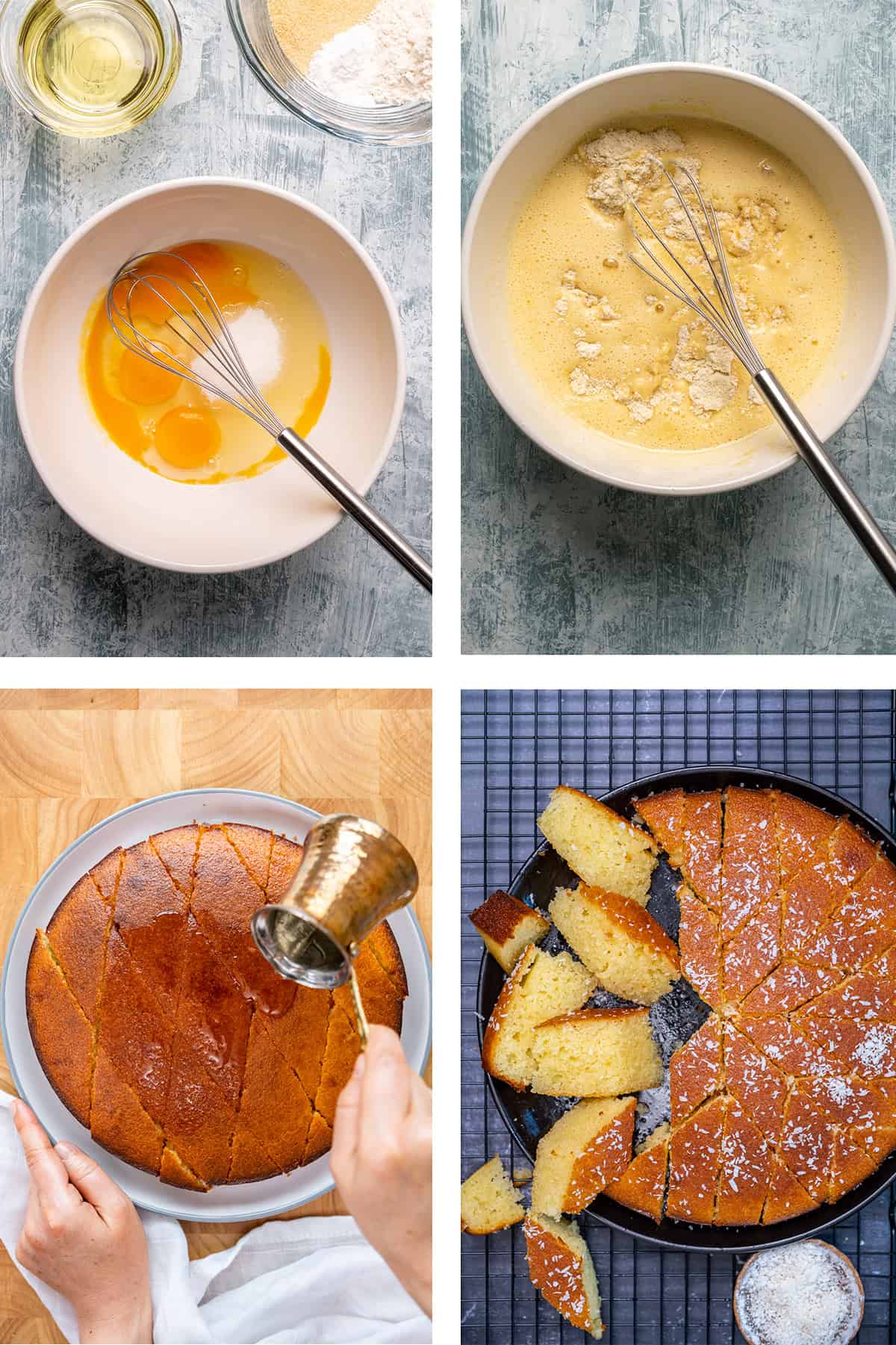 Step-by-step collage showing revani (Turkish semolina cake) preparation: whisking eggs and sugar, mixing batter with semolina and flour, pouring syrup over baked cake, and sliced cake topped with desiccated coconut.