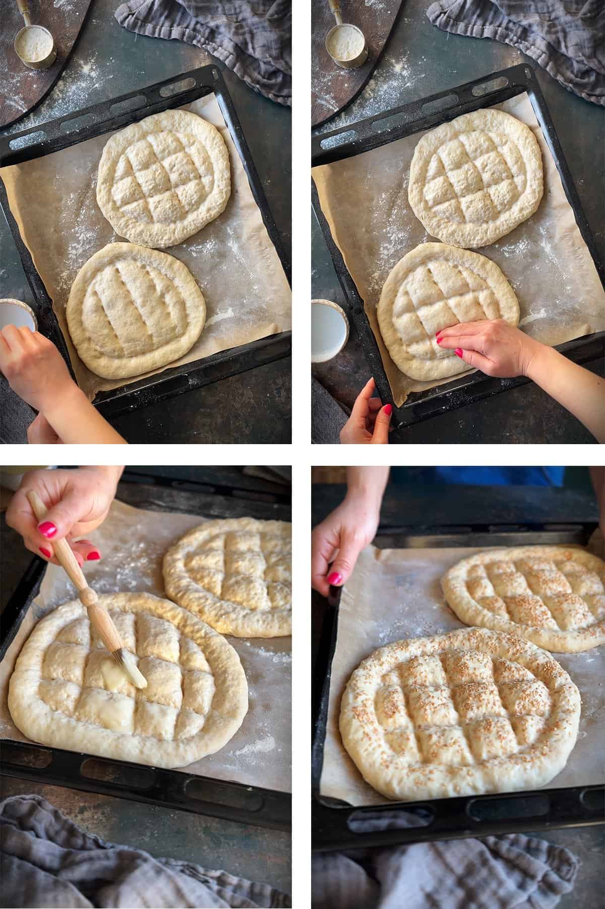 A step-by-step collage showing the shaping of Turkish Pide Bread. Images include making the traditional pattern, brushing with an egg wash, and sprinkling sesame seeds before baking.