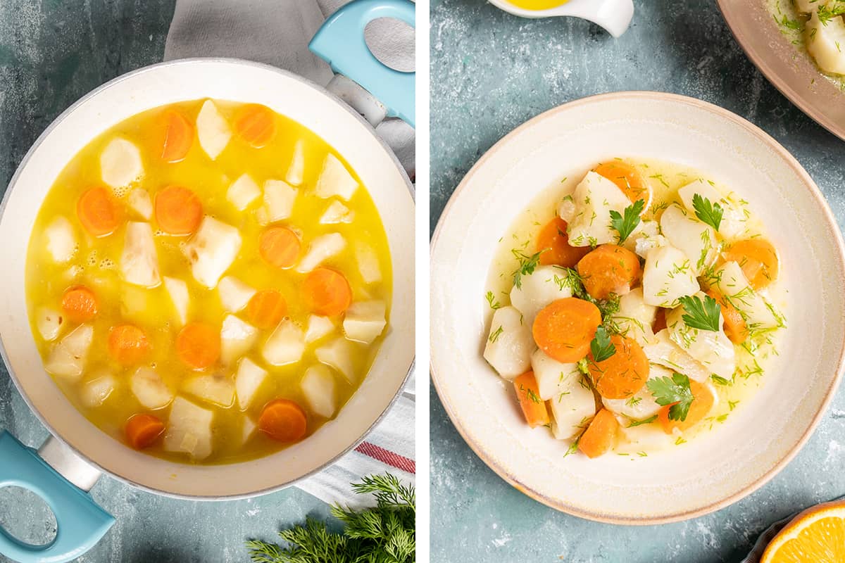 A collage of two pictures showing Jerusalem artichokes being cooked with carrots in a pan and being served on a plate.