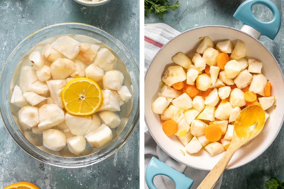 A collage of two pictures showing peeled Jerusalem artichokes in a bowl with water and lemon and how to cook them with carrots in a pan.