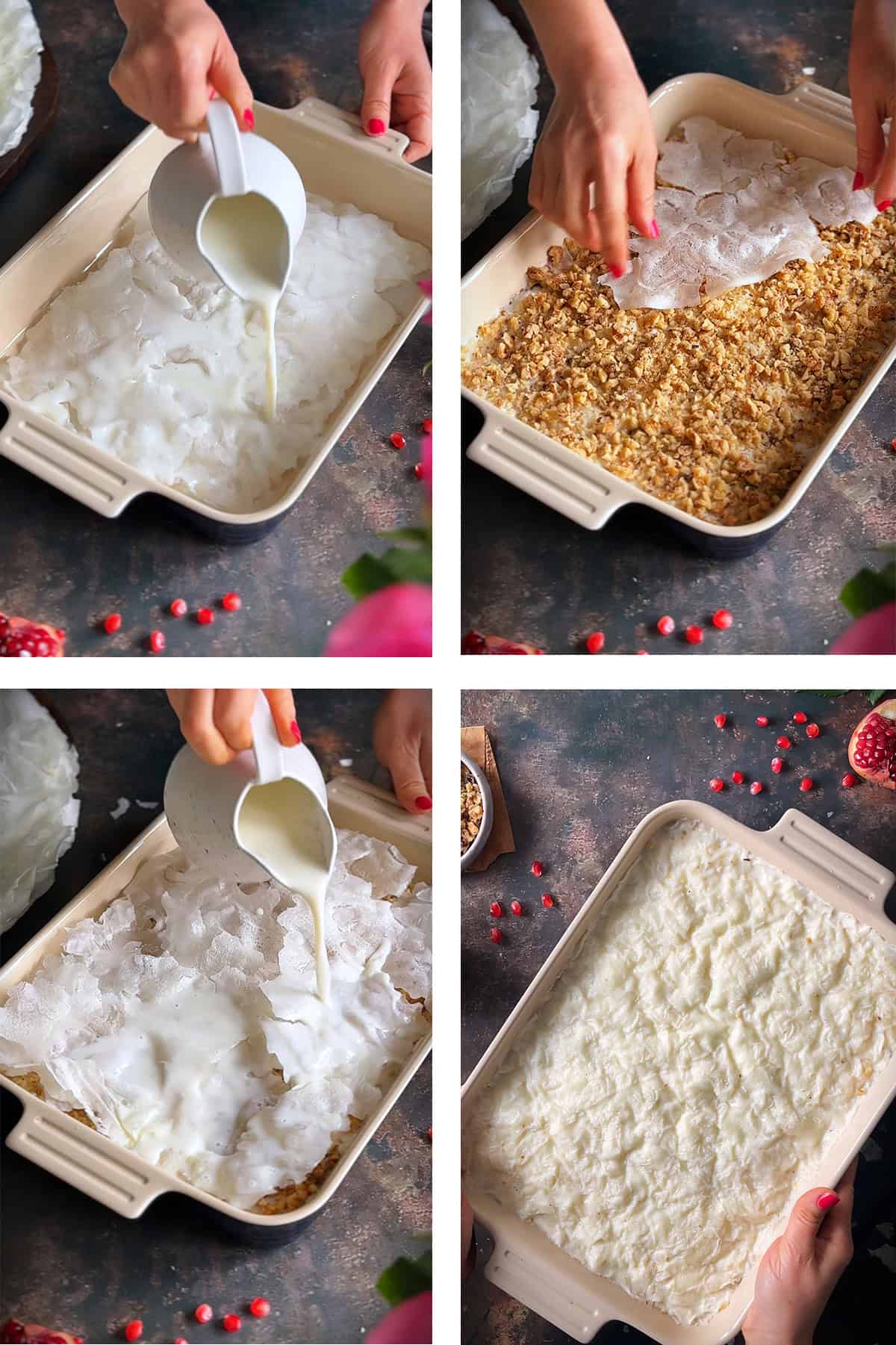 A four-step collage showing the preparation of Turkish Güllaç dessert: layering starch sheets, pouring milk mixture, adding crushed walnuts, and finishing with the top milk-soaked layer in a baking dish.