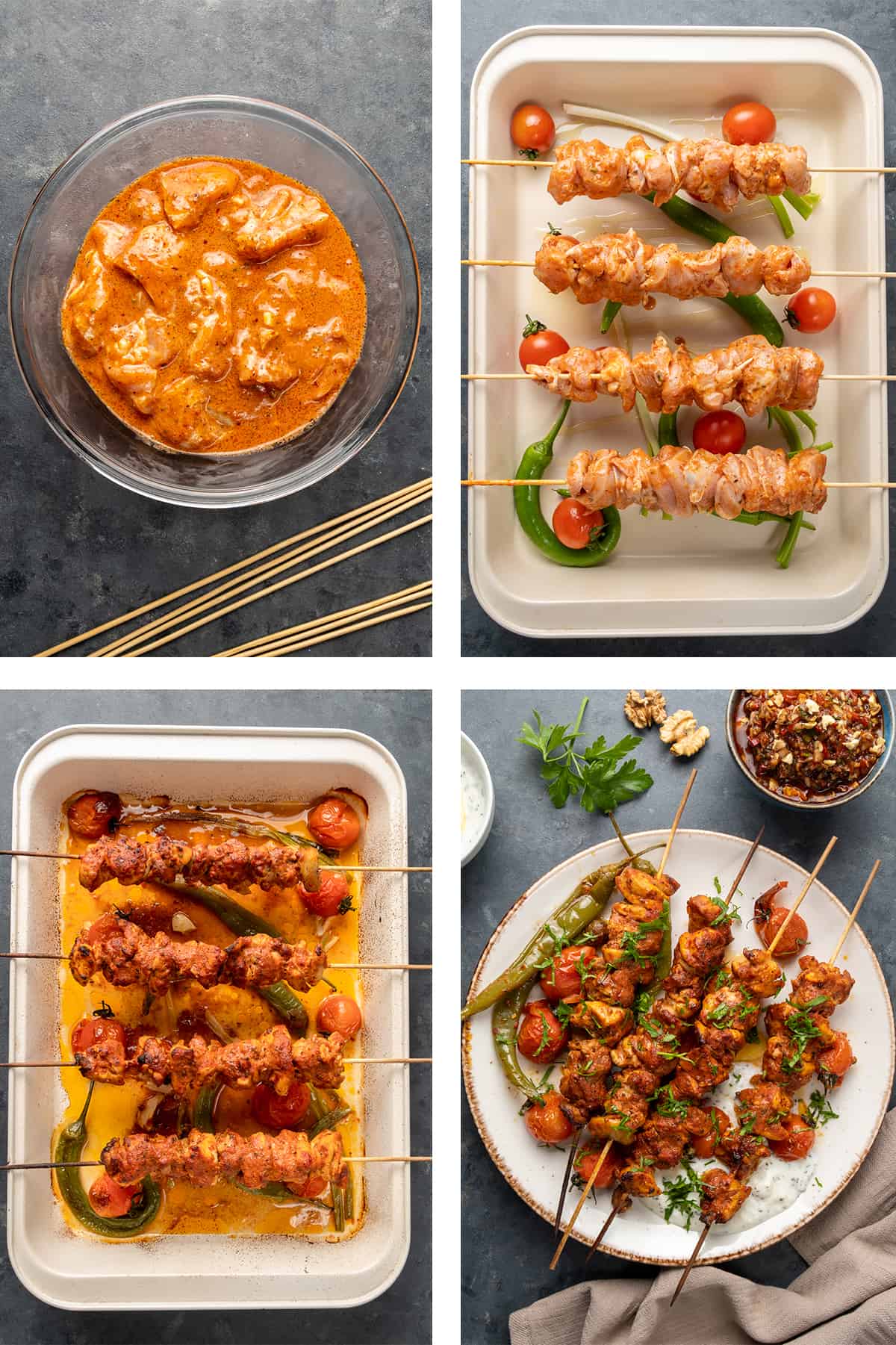 A collage of four pictures showing how to make chicken kebabs.