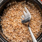 Cooked buckwheat kasha in a pot.