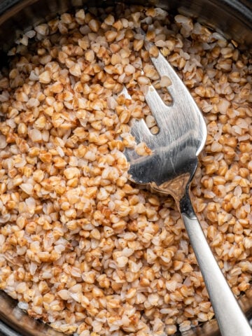 Cooked buckwheat kasha in a pot.