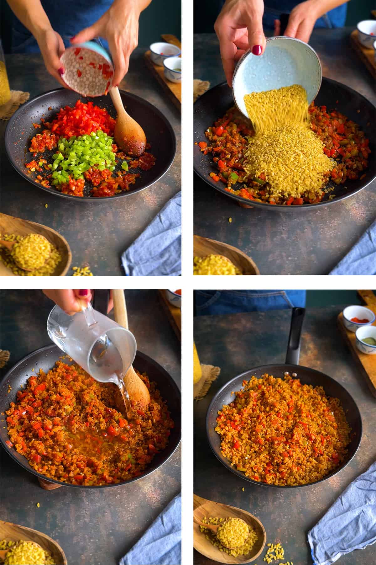 Step-by-step cooking process of Turkish bulgur pilaf: adding chopped peppers to the pan, pouring in bulgur, adding water, and simmering until cooked.