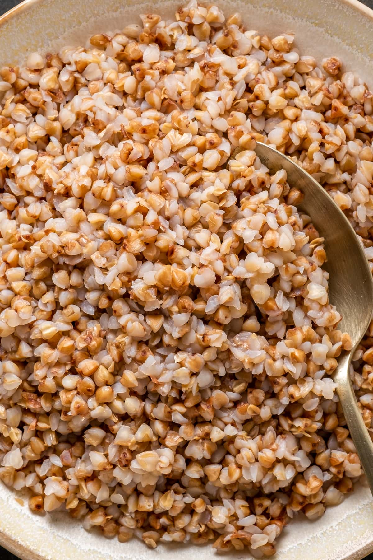 Cooked buckwheat in a white plate and a spoon in it.