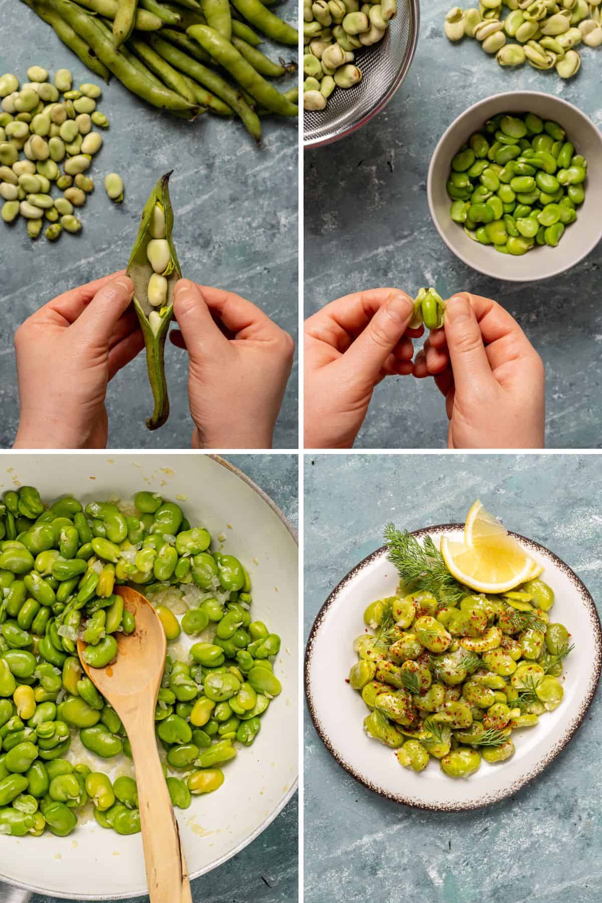 Collage showing how to make Turkish fresh fava beans in olive oil, including podding, peeling, sautéing, and serving.