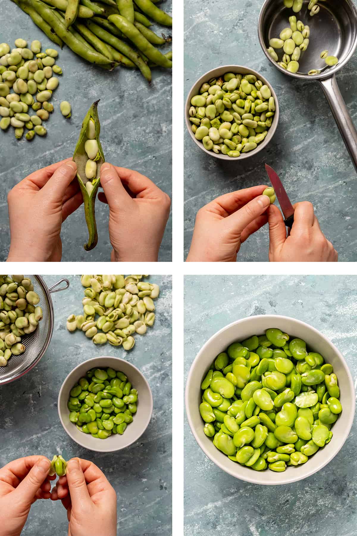 A collage of four pictures showing the steps of peeling fava beans.